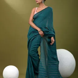 CHARUKRITI Blue Cotton Colourblocked Saree With Unstitched Blouse image 1