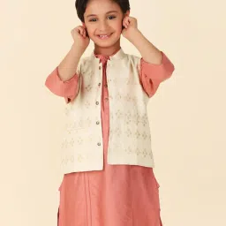 Fabindia Kids Peach & Beige Printed Full Sleeves Kurta with Nehru Jacket image 1