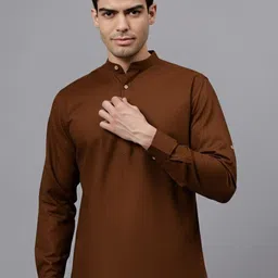 APEKTRA Band Collar Roll-Up Sleeves Straight Short Kurta-image-14