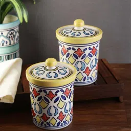 VarEesha Rangriti Yellow & Red Ceramic Storage Jars with Lid (750 ml) - Set of 2 image 1