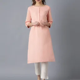W Peach Cotton Straight Kurta image 1