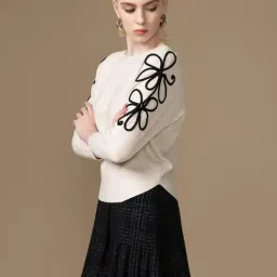 Kazo Beige Relaxed Fit Embroidered Sweater image 4