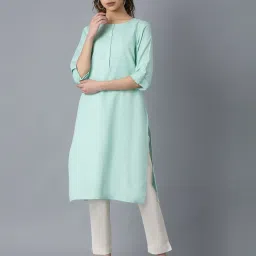 W Mint Green Cotton Straight Kurta image 1