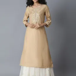W Beige Round Neck Embroidered Kurta image 1