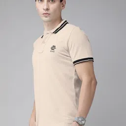 u.s. polo assn. U S Polo Assn Men Beige Solid Polo Collar Pure Cotton T-shirt image 4