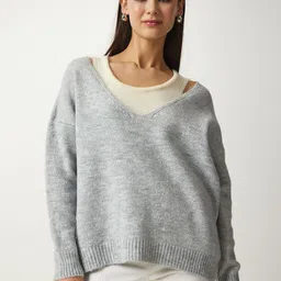 Happiness istanbul Women V-Neck Long Sleeves Pullover Sweater image 2