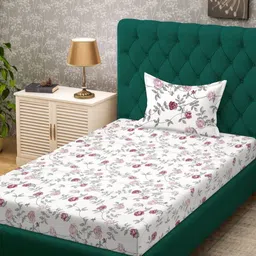 KLOTTHE Cream-Coloured & Pink Floral Printed 300 TC Single Bedsheet Set 2.25 x 1.50 m-image-12