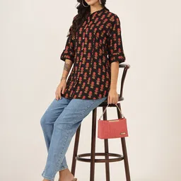 BAESD Floral Print Mandarin Collar Roll-Up Sleeves Ethnic Cotton Top image 4