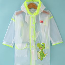 Babyhug Full Sleeves Below Knee Length Dino Box Kids Hooded Raincoat - White & Green-picture-24