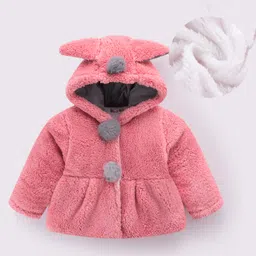 Kookie Kids Full Sleeves Front Open Hooded Solid Coloured Jacket With Ears Applique - Pink-picture-28