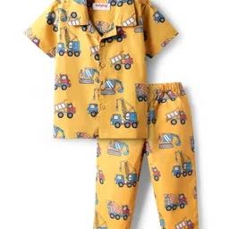Babyhug Cotton Knit Half Sleeves Collar Neck Night Suit with Teddy Print - Yellow-image-28