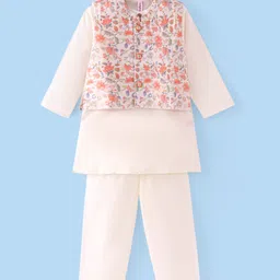 Babyhug Cambric Cotton Woven Full Sleeves Solid Kurta with Pyjama Pants & Floral Printed Jacket - White-picture-27