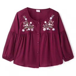 Babyhug Rayon Knit Full Sleeves Floral Embroidered Top - Maroon-picture-28