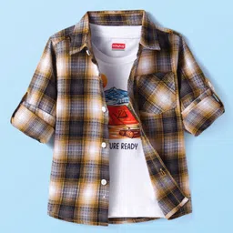 Babyhug Cotton Woven Full Sleeves Checkered Shirt With Printed T-Shirt - White-picture-24