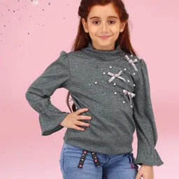 Cutecumber Full Bell Sleeves Beads Embellished Bow Applique Detailed Ribbed Top - Grey-picture-33