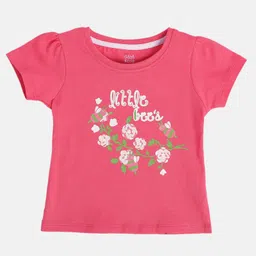 MINI KLUB Cotton Half Sleeves Floral & Typography Printed Top - Pink-image-89