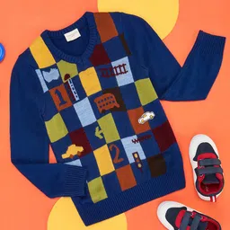 Pantaloons Junior Full Sleeves Checked & Cars Designed Sweater - Blue-image-23