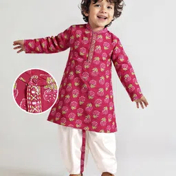 Babyhug Cotton Woven Full Sleeves Kurta Dhoti Set With Floral Print - Fuchsia-picture-29