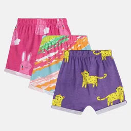 MINI KLUB Cotton Pack Of 3 Animal & Abstract Printed Shorts - Pink Multi Colour & Purple-picture-22