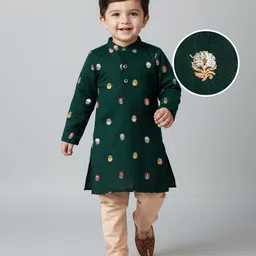 Babyhug Brocade Woven Full Sleeves Kurta Pajama Set with Floral Embroiderey - Green-picture-15