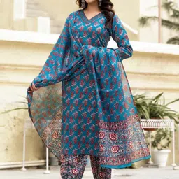 Ethnic 3 You Women Floral Printed Regular Pure Cotton Kurta & Trousers With Floral Dupatta image 3