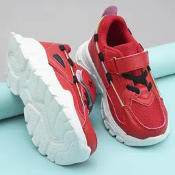 Cute Walk by Babyhug Color Block Sneakers with Velcro - Red Black image 2