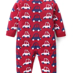 Babyhug Cotton Knit Full Sleeves Winter Wear Romper with Vehicles Print - Red image 2