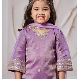 Vastramay Tissue Three Fourth Sleeves Sequins & Lace Embellished Kurta Sharara With Dupatta Set - Lavender image 5