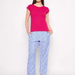 Clovia Pink & Blue Printed T-Shirt Pyjamas Set image 1