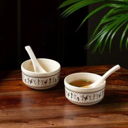 ExclusiveLane Beige & Black Ceramic Soup Bowl with Spoon - Set of 2-picture-19