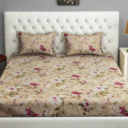 Swayam Floral Beige 250 TC Cotton Satin King Bedsheet with 2 Pillow Covers-picture-11
