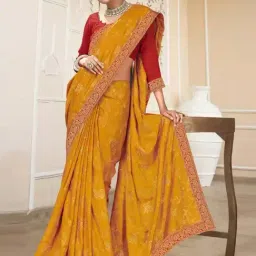Satrani Turmeric Yellow Floral Print Saree With Unstitched Blouse-image-68