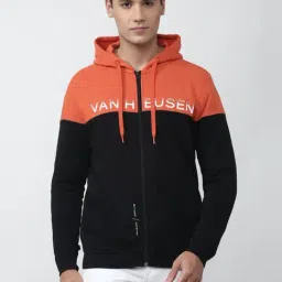 Van Heusen Denim Labs Black & Orange Cotton Regular Fit Colour Block Hooded Sweatshirt-image-23