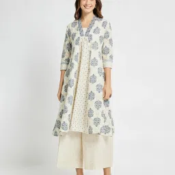 Span White Cotton Printed Three-Quarter Sleeves Kurta image 1