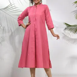 CHARUKRITI Pink Cotton Woven Pattern A Line Kurta image 1