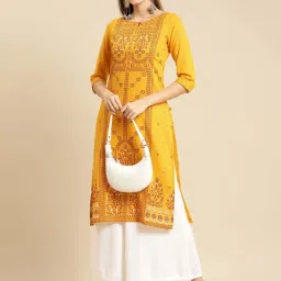 Rangita Mustard Cotton Floral Print Straight Kurta image 5