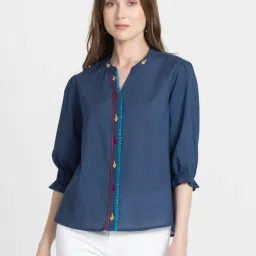 SHAYE Navy Cotton Embroidered Top image 1