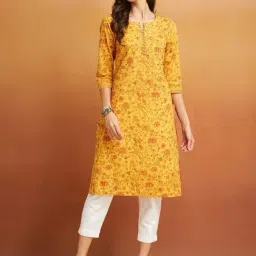 Fabindia Yellow Cotton Printed Straight Kurta-picture-36