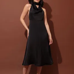 PURVAJA Women Cowl Neck Satin Fit & Flare Midi Dress-picture-18