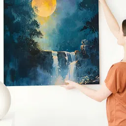 RANDOM Blue & Yellow Moonlit Waterfall Night Forest Canvas Wall Art image 3