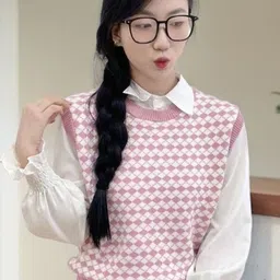 KPOP Women Checked Sweater Vest-picture-22