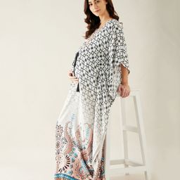 The Kaftan Company Three Fourth Batwing Sleeves Seamless Digital Geometric Style & Paisley Printed Kaftan Maternity Feeding Night Dress - White-picture-22