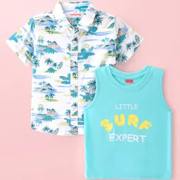 Babyhug Cotton Woven Half Sleeves Beach & Dino Printed Shirt with T-Shirt - Aqua Blue-picture-13