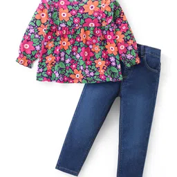 Babyhug Cotton Knit Full Sleeves Frill Detailed Top & Denim Pants Set With Floral Print - Multicolor-picture-27