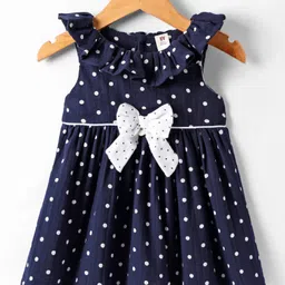 ToffyHouse Cotton Woven Frill Sleeves Frock with Bow Applique & Polka Dots Print - Navy Blue-image-57