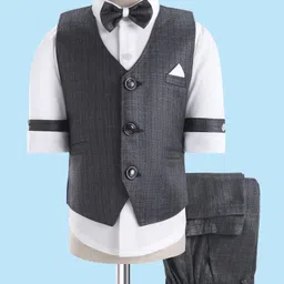 Rikidoos Full Sleeves Solid Shirt With Textured Waistcoat Pant & Bow Set - White & Grey-picture-10