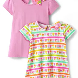 Babyhug Single Jersey Knit Half Sleeves Frock With Floral Print & Bow Applique Pack Of 2 - Pink & Yellow-picture-34