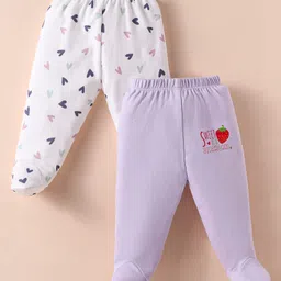 Ben Benny 100% Cotton Knit Full Length Footed Leggings with Hearts & Strawberry Print Pack of 2 - White & Lilac-image-42