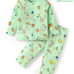 Babyoye 100% Cotton Full Sleeves Eco Jiva Finish Front Open Co-ords Night Suit with Beach Theme Print - Light Green-picture-16