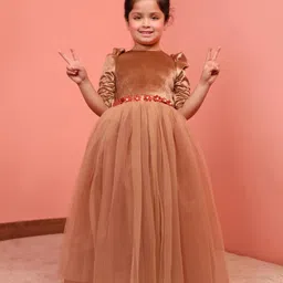 Toy Balloon Kids Net Half Sleeves Floral Applique Detailed Gown - Brown image 1